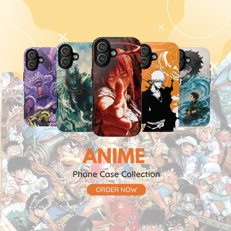 Anime phone case collection featuring bold designs, showcased on Senpai Wear homepage banner.