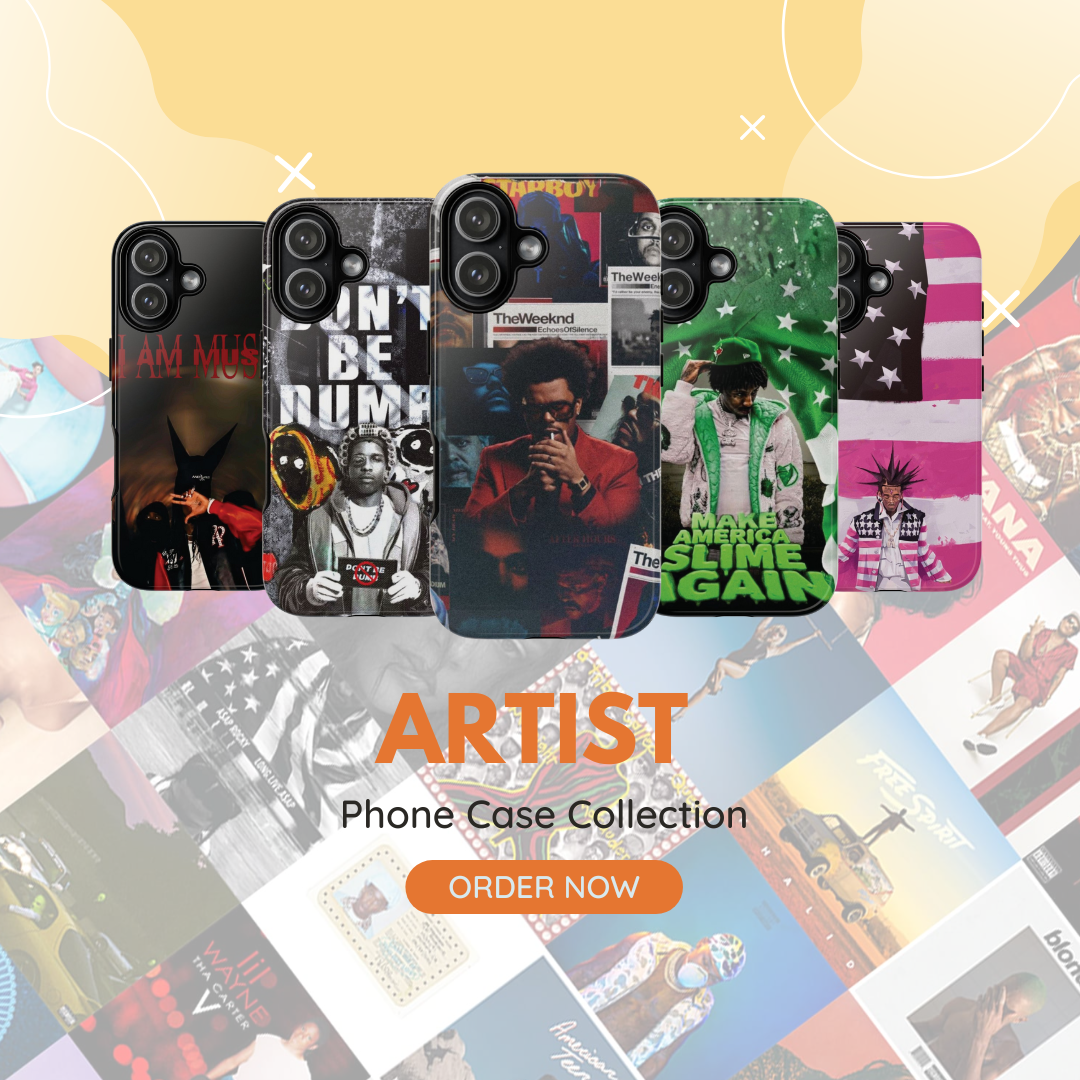 Senpai Wear artist phone case collection with hip hop themed designs on yellow background