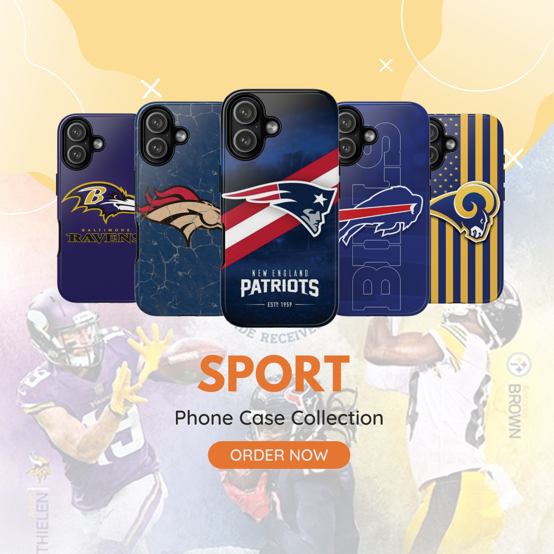 Senpai Wear sports phone case collection featuring athletes, bold text, and order button
