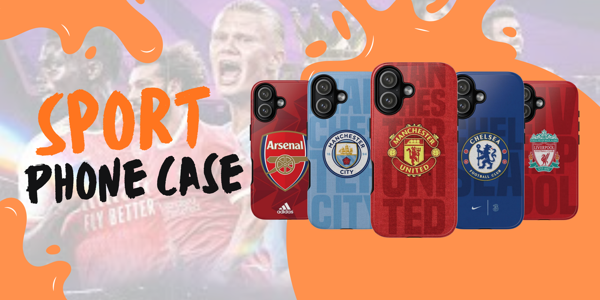 Phone cases with sports team logos on an orange and purple background